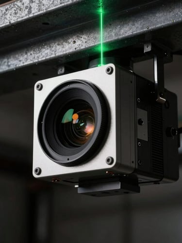 Extreme close-up of an industrial camera housing mounted on a steel beam, dramatic green laser-line calibration overlay, dark-room laboratory setting, high-contrast directional lighting.
