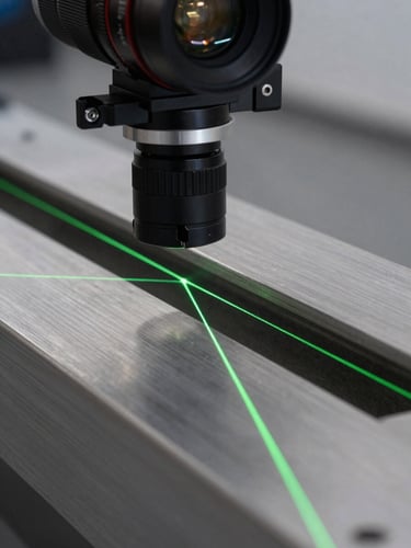 Extreme close-up of an industrial camera mounted on a steel beam, high-contrast directional lighting, sharp green laser lines projecting onto a metallic surface.