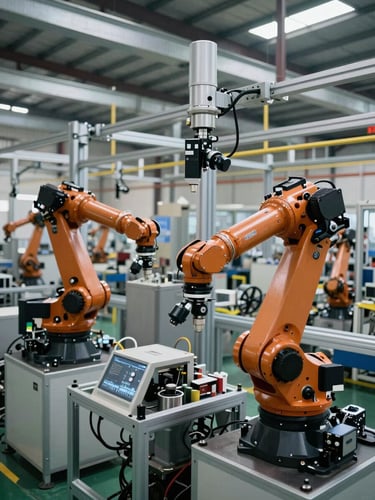 High-angle wide shot of a modern industrial manufacturing facility in Nagpur, India, with automated robotic arms and precision cameras mounted on steel beams.
