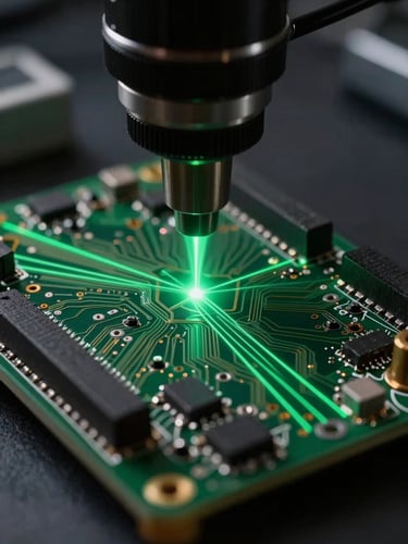 Extreme close-up of a printed circuit board under sharp green laser-calibration lines, dark-room laboratory setting, dramatic directional lighting.