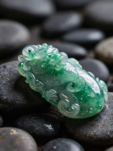 A cinematic, macro close-up of a hand-carved imperial green jade dragon pendant resting on a bed of dark, wet river stones. Soft, directional sunlight hitting the stone to show its translucency, luxury jewelry photography style, bokeh background.