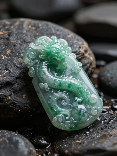 Cinematic macro close-up of a hand-carved imperial green jade dragon pendant resting on dark wet river stones, soft directional sunlight piercing the stone to show its translucency, 8k resolution, luxury jewelry photography style.