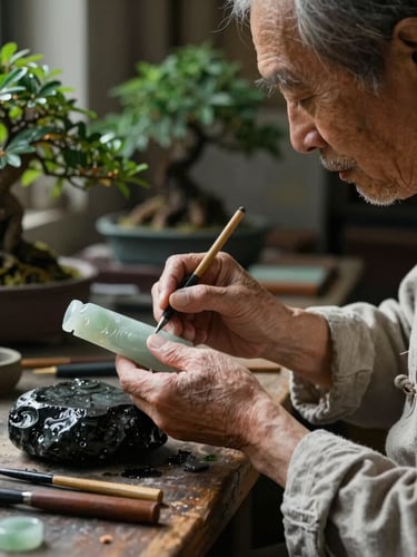 An elderly artisan with refined features, wearing a simple linen tunic, working in a sunlit studio filled with bonsai plants and jade carving tools, moody atmospheric lighting