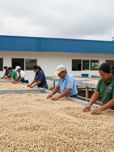 Wide panoramic shot of a Colombian coffee cooperative with farmers sorting beans in a clean, modern facility, natural daylight, documentary style
