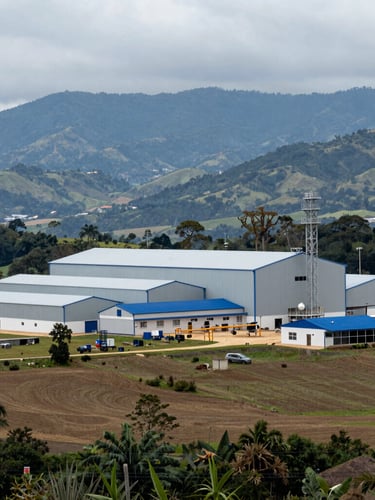 Wide-angle documentary photograph of a newly constructed agricultural processing facility in rural Colombia, misty mountain backdrop, overcast natural daylight, realistic texture.
