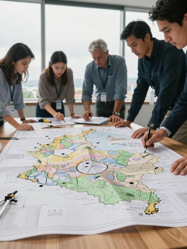 Documentary editorial photography, natural overcast daylight, technical team in Bogotá office analyzing large topographic maps of Colombia on a wooden table, blueprints and compasses visible, professional and authoritative atmosphere.