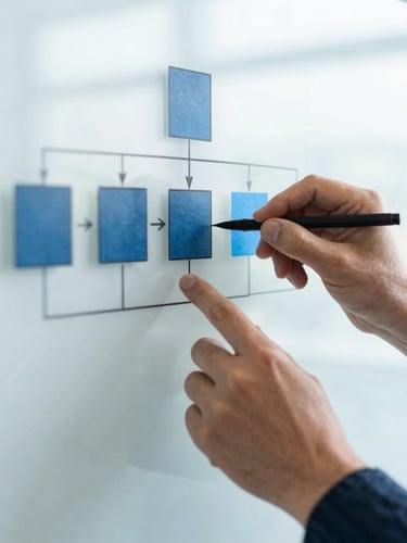 Macro shot of hands mapping database architecture and user flows on a clean glass whiteboard, bright cool indirect daylight, sharp focus, modern editorial photography, 35mm lens