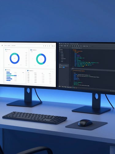 Minimalist B2B software engineering workspace, dual monitors displaying high-contrast analytics dashboards and clean code, cool electric blue ambient lighting, sharp focus, modern editorial photography, 35mm lens