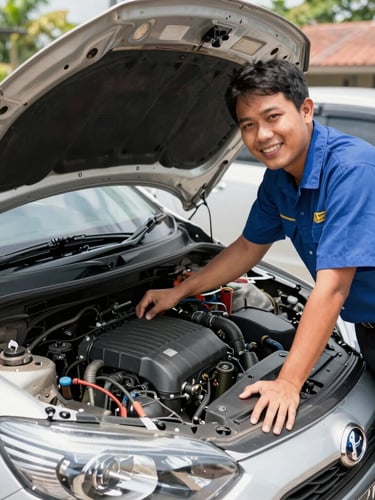 A friendly local Indonesian mechanic in a clean uniform inspecting a spotless car engine bay under bright natural daylight, showing trust and attention to detail, eye-level shot