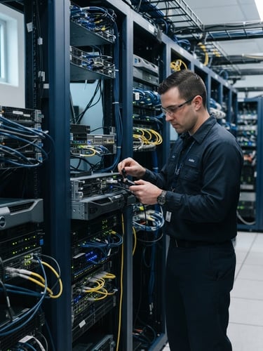 Industrial mid-shot of a technician in a dark navy uniform calibrating a server rack, crisp technical lighting, cool slate and navy tones, sharp focus, 35mm lens