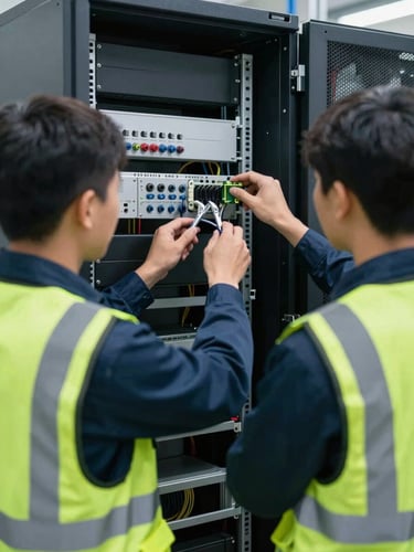 A close-up of a field systems engineer in a high-visibility safety vest calibrating server rack connections inside an industrial facility, sharp technical focus, cool slate tones