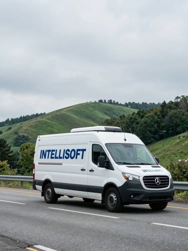 A wide shot of an INTELLISOFT service vehicle driving on a highway near Pittsburgh, rolling green hills in the background, overcast sky, cool cinematic tones