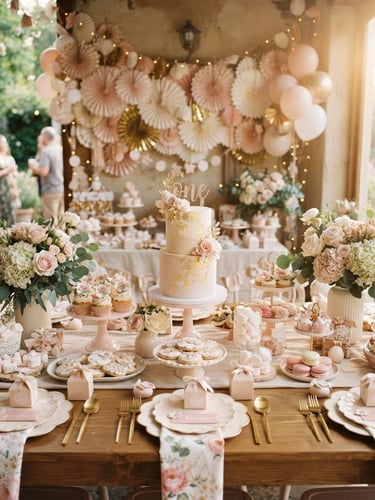 Wide panoramic view of a beautifully decorated children's party table in soft pink and cream tones, featuring a delicate cake, custom paper crafts, and elegant floral arrangements, bathed in soft natural daylight, shallow depth of field, 35mm, with a subtle golden glow from the side.
