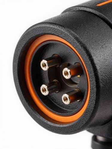 Macro close-up of a heavy-duty EV charger connector port with robust metallic pins, subtle orange rim-lighting highlighting the rugged casing texture, high-contrast studio setting