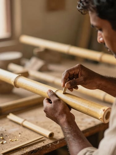 An Indian craftsman carefully shaping a bamboo pole in a sunlit workshop, warm golden tones, authentic regional setting, shallow depth of field