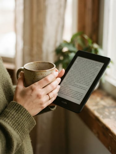 Close-up of hands holding a warm ceramic mug next to an e-reader displaying clean text, soft morning window light, muted earth tones, shallow depth of field, 35mm film texture.