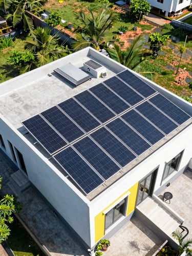 Wide aerial drone shot of a modern Hyderabad villa rooftop with clean, perfectly aligned solar panels reflecting bright midday sun.