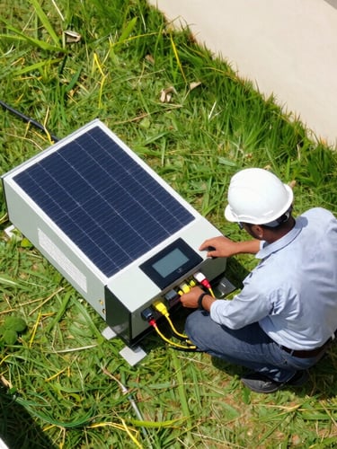An engineer in a white hardhat examining a digital solar inverter connection on a bright sunny day in Hyderabad.