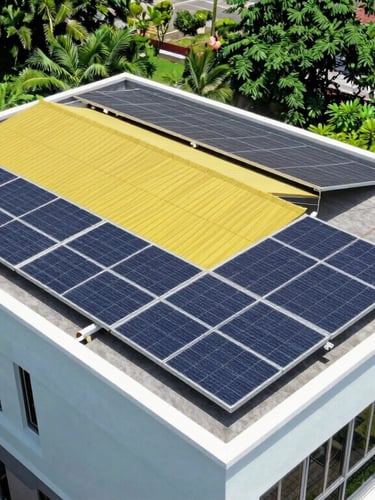 Wide aerial drone shot of a completed residential solar rooftop array on a modern Hyderabad villa, bright direct sunlight, vibrant green trees in the background