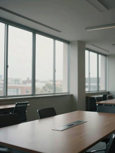 Wide environmental shot of a neutral institutional office interior, empty meeting table in foreground, floor-to-ceiling windows with diffused daylight, no people, minimal furnishings, muted gray and white tones