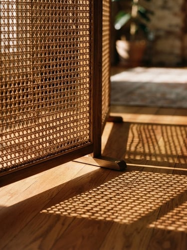 Close-up of a folding rattan screen casting deep, geometric shadows on a warm hardwood floor, lit by low-angle afternoon sunlight.