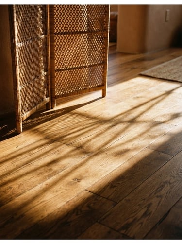 Low-angle afternoon sun casting long, dramatic shadows through a folding rattan screen onto a warm hardwood floor, architectural angles, medium format film.