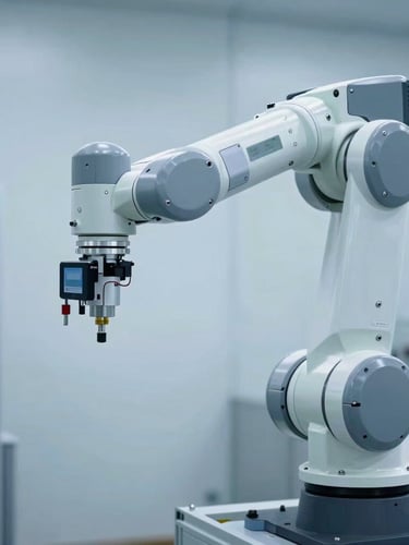 Detailed view of an automated robotic arm with integrated sensors, clean factory environment, cool blue and gray tones, crisp industrial photography