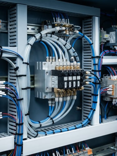 Macro technical shot of a clean pneumatic manifold and structured wiring inside an industrial control cabinet, cool blue and gray tones, crisp studio lighting, 35mm