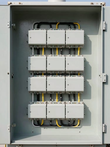 Symmetrical industrial electrical panel with clean, perfectly routed wiring, bright daylight, high-contrast technical details, 50mm lens