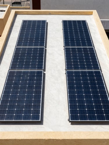 Symmetrical solar panel array installed on a modern flat rooftop in Cali, bright clean daylight, high-contrast technical lines, sharp architectural photography.