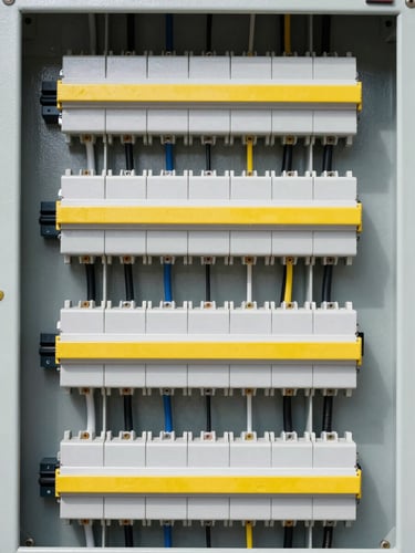 Close-up of a perfectly organized electrical control panel, clean symmetrical wiring, bright technical lighting, high contrast slate and yellow accents, 50mm lens