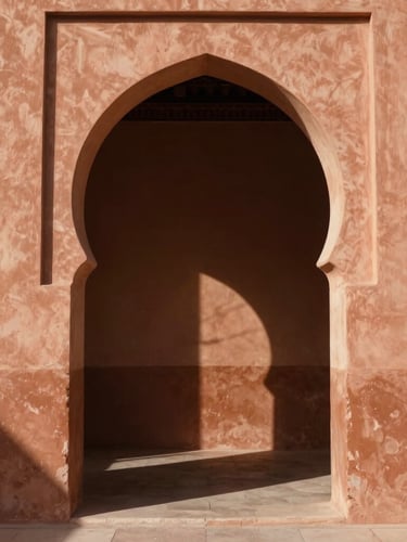 Cinematic wide shot of a sunlit plaster archway in Marrakech, sharp geometric shadows, warm terracotta tones, negative space on the left