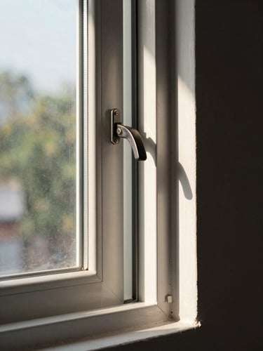 Close environmental shot from inside a Birbhum home, a flush casement UPVC window just pulled shut, the white frame crisp against a charcoal wall, late afternoon daylight streaming through the glass revealing the tight rubber seal at the frame joint, hardware lever in sharp focus