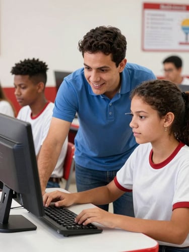 Friendly Brazilian instructor guiding a student on a computer in a bright modern classroom, vibrant red details, authentic school environment