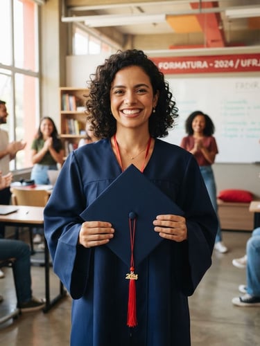 Authentic Brazilian adult student smiling proudly holding a graduation cap in a bright modern classroom, natural daylight, soft red details