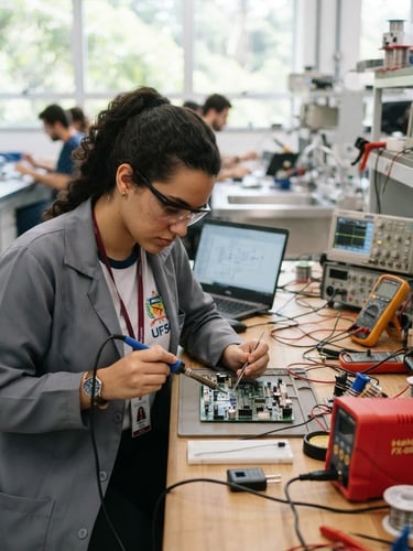 Authentic Brazilian student working with electrical boards in a bright modern laboratory, crimson red accents, sharp focus, 35mm lens