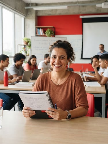 A friendly Brazilian adult student in their 30s smiling, holding a notebook in a brightly lit modern classroom, natural daylight, red accents
