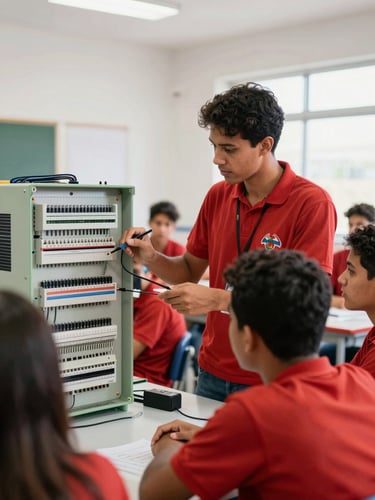 Authentic Brazilian technical instructor guiding an adult student on an electrical control board, bright indoor school lighting, realistic setup, professional atmosphere.
