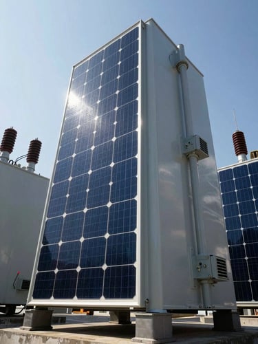 Low-angle heroic shot of massive industrial solar inverters and heavy electrical connections under harsh midday sun, high-contrast.