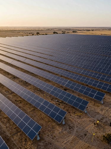 Wide aerial drone shot of massive solar arrays stretching to the horizon, dry African landscape, golden hour lighting.