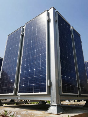 Low-angle heroic shot of massive industrial solar inverters and grid substations under harsh midday sun, high-contrast steel structures