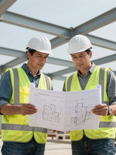 Low-angle heroic shot of civil engineers in high-visibility vests reviewing physical blueprints on-site, massive steel structures in the background, harsh midday sun