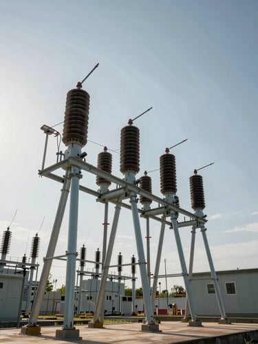 Low-angle heroic shot of a completed grid connection substation, heavy electrical steel structures against a harsh midday sky.