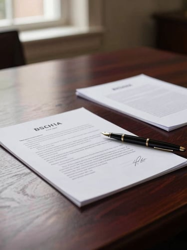 Warm editorial photography, natural window light illuminating a dark oak meeting table with signed legal documents and a fountain pen, shallow depth of field, 35mm