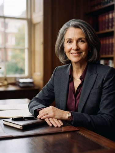 Professional portrait of a senior lawyer in a warm, naturally lit office, soft window light, deep wine and muted charcoal tones, shallow depth of field, highly professional and reassuring.