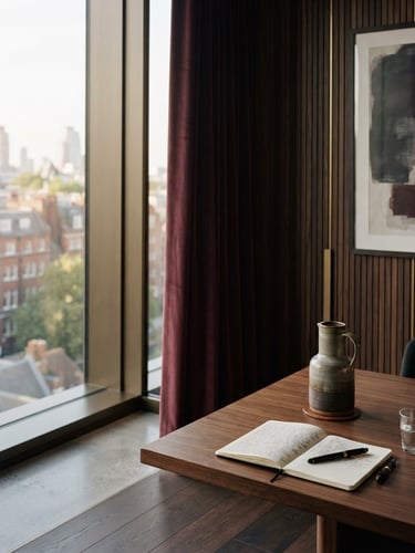 Warm editorial photography of architectural details of a modern legal meeting room with soft window light and deep wine tones