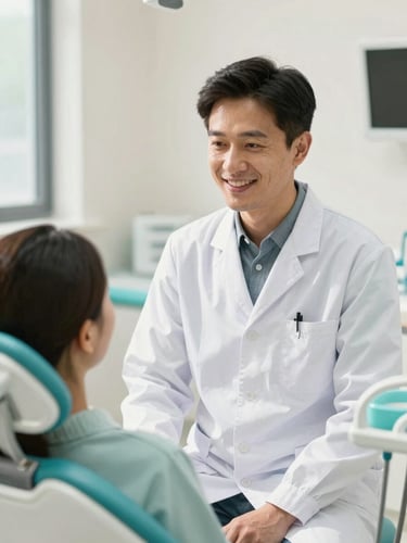 Bright editorial photography of a warm, sunlit dental consultation room in Guwahati, soft teal accents, a friendly dentist speaking reassuringly to a patient, shallow depth of field.