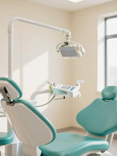 A bright, sunlit modern dental clinic interior with soft teal accents, clean warm cream walls, and a comfortable dental chair under soft natural light