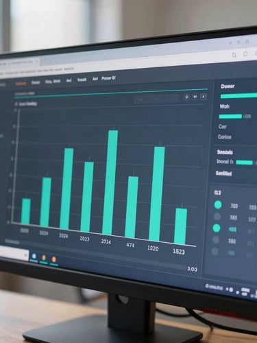 Tight close-up of a financial Power BI dashboard on a modern monitor, clean bar charts and teal indicators, slate-blue interface, natural office lighting