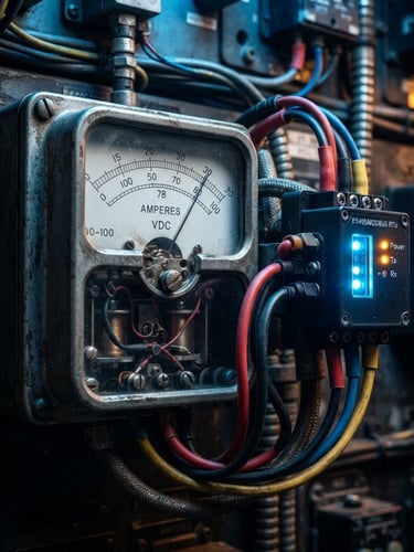 Macro shot of a retrofitted Modbus transmitter connected to an old analog industrial meter, glowing cool blue and amber accents, high-contrast technical lighting, detailed hardware, 35mm